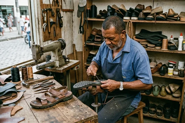 Profissional consertando uma sandália em Itacoatiara.