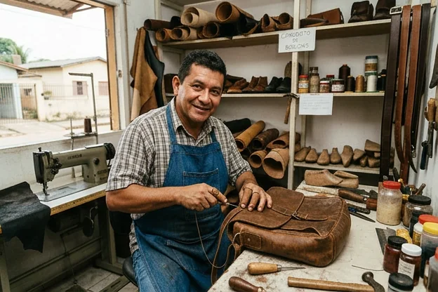 Profissional reformando uma bolsa de couro em Itacoatiara.