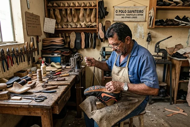 Sapateiro reparando um tênis em Itacoatiara.